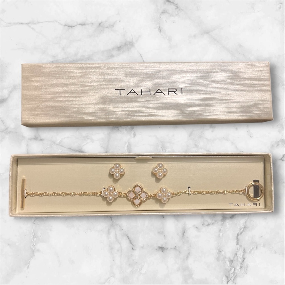 Tahari Gold Tone Bracelet and Earring Set with Faux Pearl Accents
